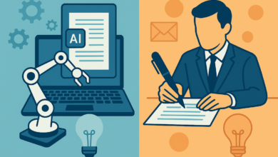 Abstract illustration of rigid AI-generated text transforming into natural human writing