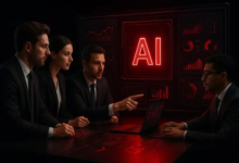Business team evaluating proposals from AI development companies during a vendor meeting