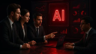 Business team evaluating proposals from AI development companies during a vendor meeting