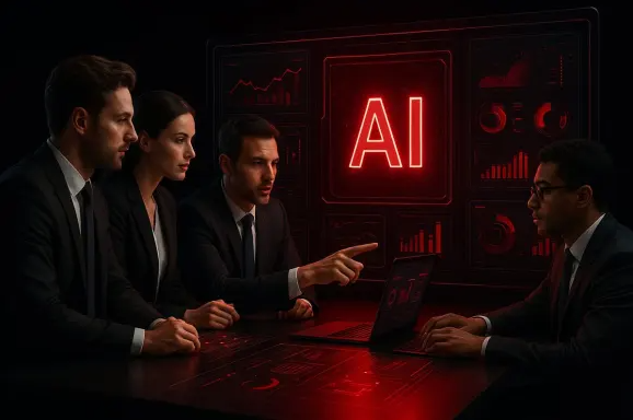 Business team evaluating proposals from AI development companies during a vendor meeting
