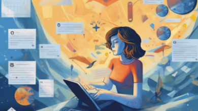 Illustration of human and AI writing tool collaborating on a sentence