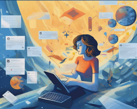 Illustration of human and AI writing tool collaborating on a sentence